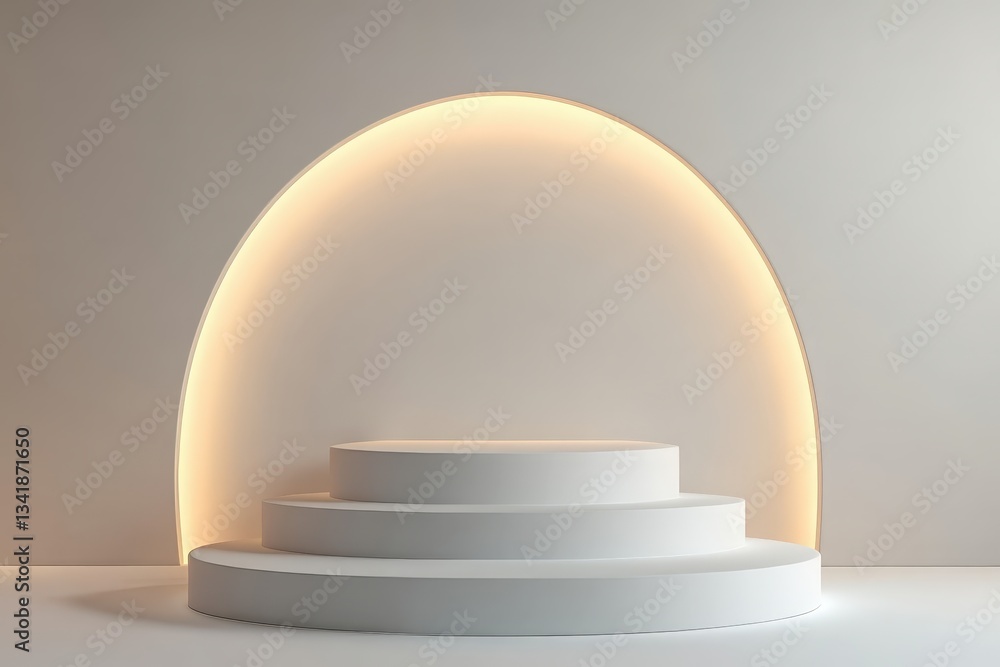 Poster a minimalist three tiered platform with an illuminated backdrop