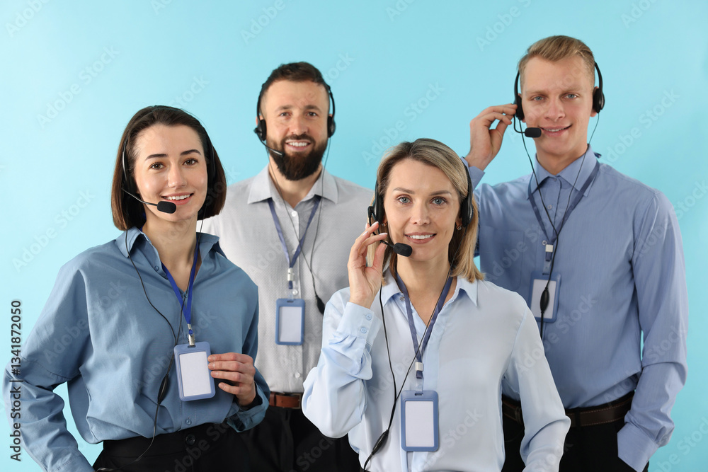 Poster technical support call center. team of friendly operators on light blue background