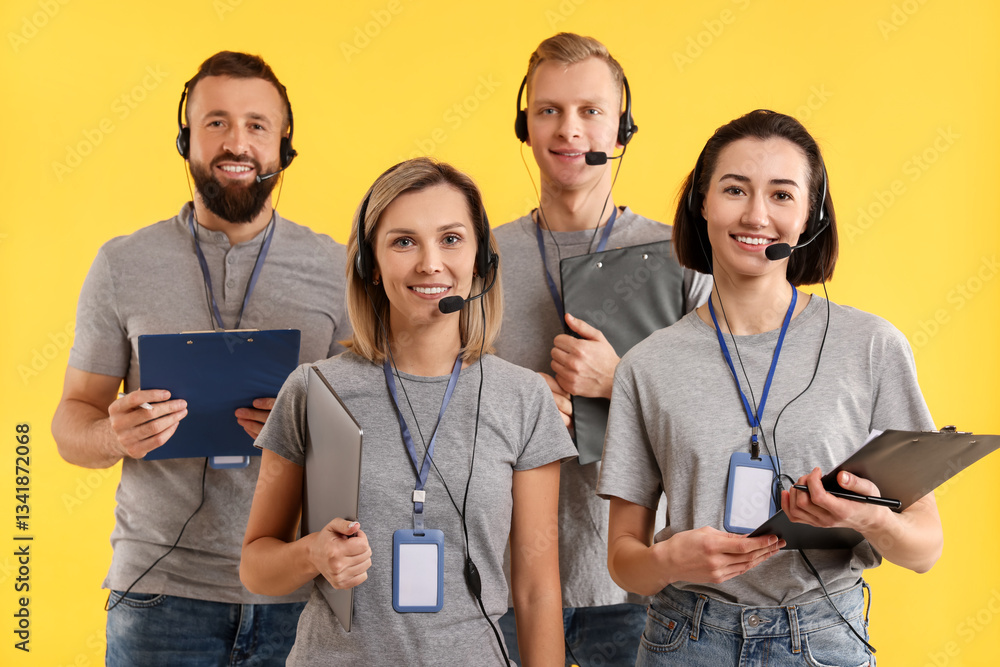 Poster technical support call center. team of friendly operators on yellow background
