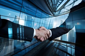 Fototapeta premium Businessman handshake for teamwork of business merger and acquisition,successful negotiate,hand shake,two businessman shake hand with partner to celebration partnership and business deal concept
