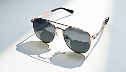 Premium product photography of sun-proof glasses with thin metallic frame, matte tinted lenses, subtle shadows, flawless detailing, and light reflections on white background, elegant and stylish prese