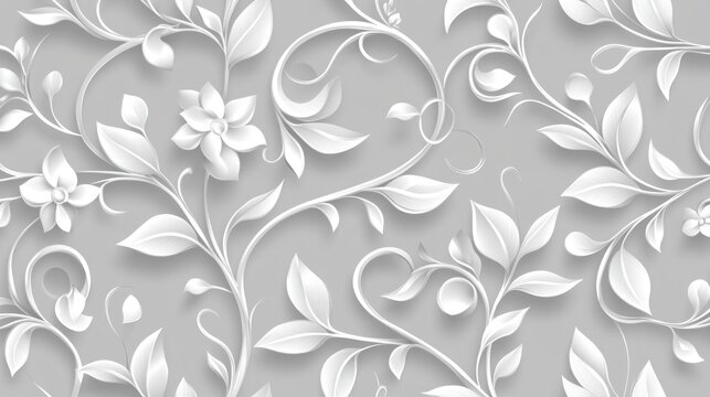Delicate white floral pattern on a light gray background.  3D effect with scrolling vines, blossoms, and leaves
