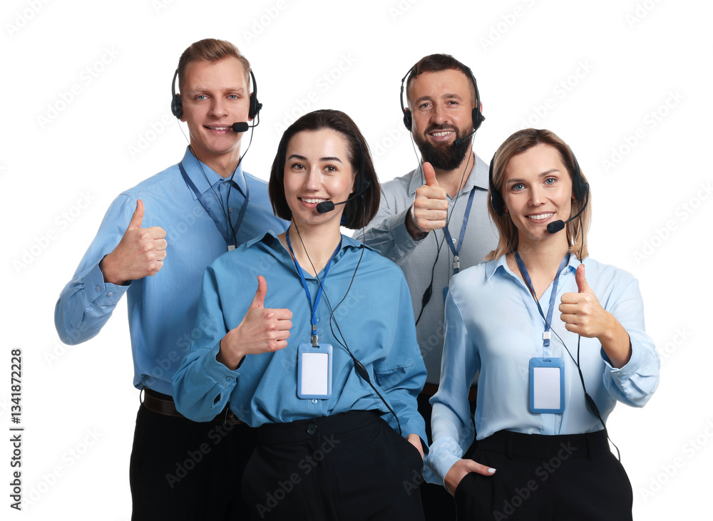 Poster technical support call center. team of friendly operators showing thumbs up on white background
