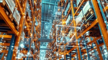A vibrant warehouse filled with shelves and glowing digital interfaces that evoke a sense of technology and innovation in logistics and storage solutions.