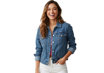Joyful female of 20s wearing trendy denim jacket standing with hand in pocket of white jeans isolated on White background