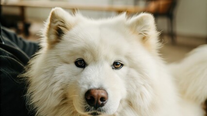 Pet Portraits Fluffy white dog with a friendly expression, relaxing indoors.