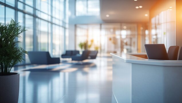 Blurred office interior background with a modern reception desk, glass windows, and comfortable seating areas for business people to meet or take a rest during the workday.