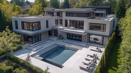 Modern Grey Stone House with Pool and Lush Landscaping