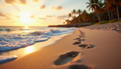 Footprints with peaceful mood leading into ocean waves against serene coastal sunset background