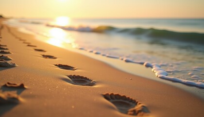 Photorealistic golden sand beach with romantic atmosphere, soft footprints leading towards gentle sea waves, warm sunlight creating dreamy shadows