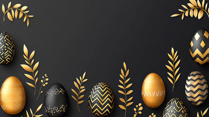 Elegant arrangement of decorated black and gold Easter eggs on a dark background with foliage
