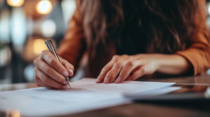 Woman carefully completing application form with pen, close-up focused perspective