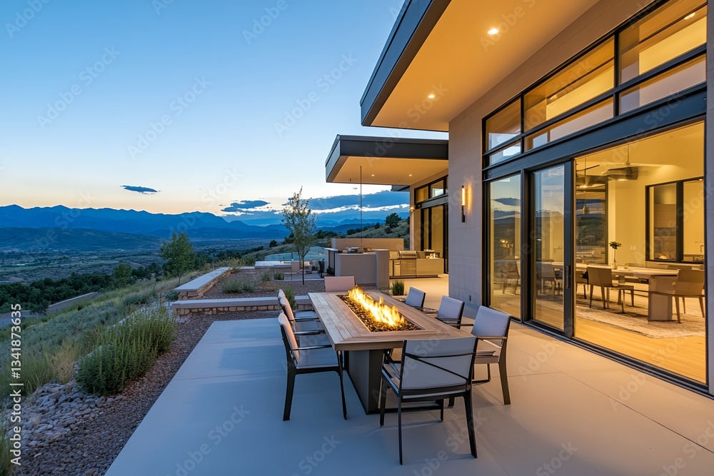 Poster a large patio with a fire pit and a table with chairs around it.