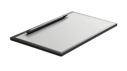 This image showcases a minimalist digital notebook resting on a black surface, accompanied by a stylus pen for input.