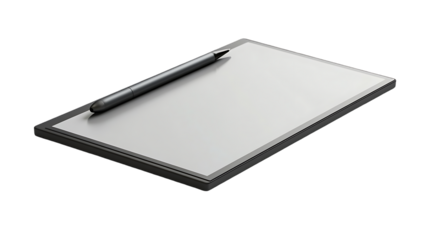 This image showcases a minimalist digital notebook resting on a black surface, accompanied by a stylus pen for input.