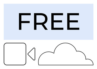 Bold FREE text above a video camera and cloud icon, suggesting free video storage, access, streaming, and sharing. Ideal for technology, media, cloud, freedom innovation accessibility flat simple