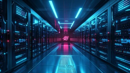 A futuristic data center hallway showcasing servers and neon lights