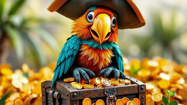 A Colorful Cartoon Parrot in a Pirate Hat Sits on a Wooden Treasure Chest Filled with Gold Coins Against a Lush Green Background