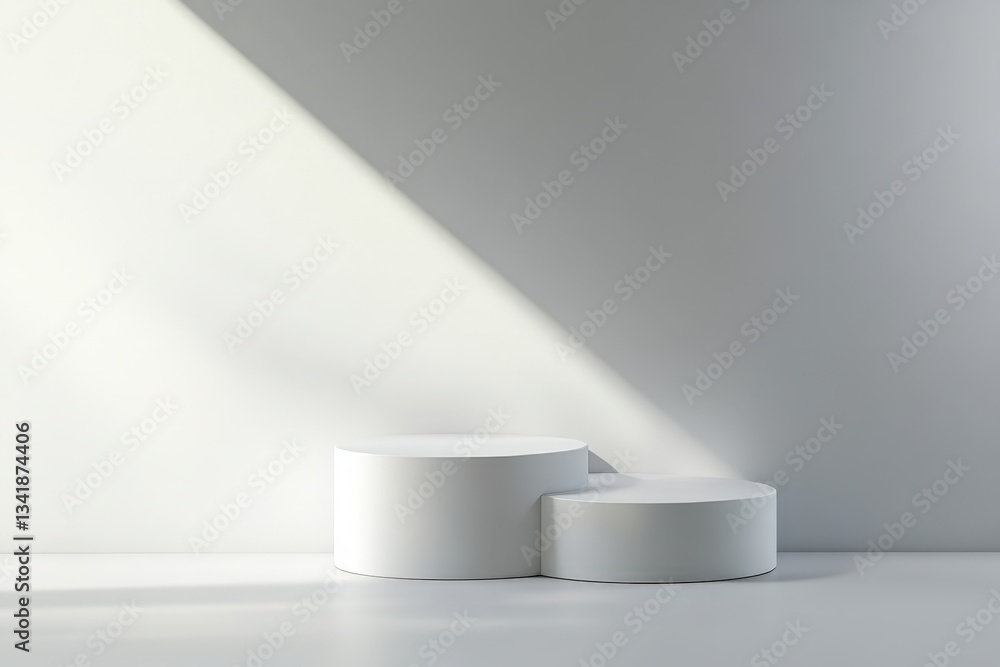 Poster two white cylindrical platforms with light and shadows on display