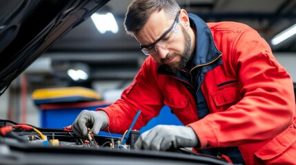 Mechanic in red jacket working on car engine in a well-lit garage with tools nearby