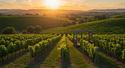 Fototapeta premium Vineyard at Sunset Golden Hour Landscape with Rows of Grape Vines and Scenic View