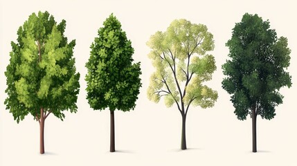 Four distinct trees showcasing seasonal changes in foliage and structure against a neutral backdrop