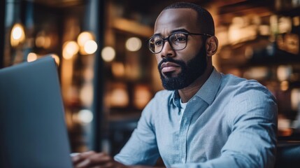 Obraz premium Focused Man Wearing Glasses Working on Laptop in Modern Urban Workspace with Warm Lighting