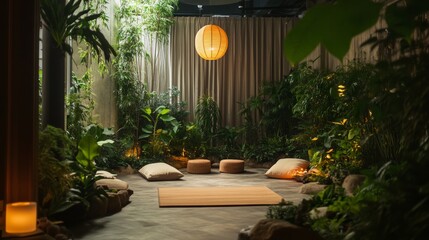 Fototapeta premium Indoor Relaxation Space Surrounded by Lush Greenery and Soft Ambient Lighting in Tranquil Atmosphere