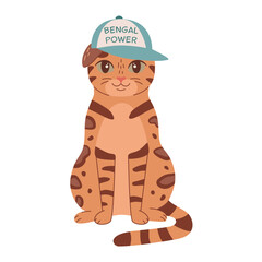 Bengal cat with spots and stripes in the cap. Vector illustration of brown tabby home kitten. Striped breed of little home leopard