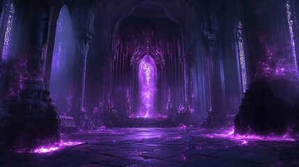 A mystical purple-lit cavernous hall with an ethereal gateway, glowing with arcane energy, promising a journey into the unknown, showcasing deep shadows and a stone floor.