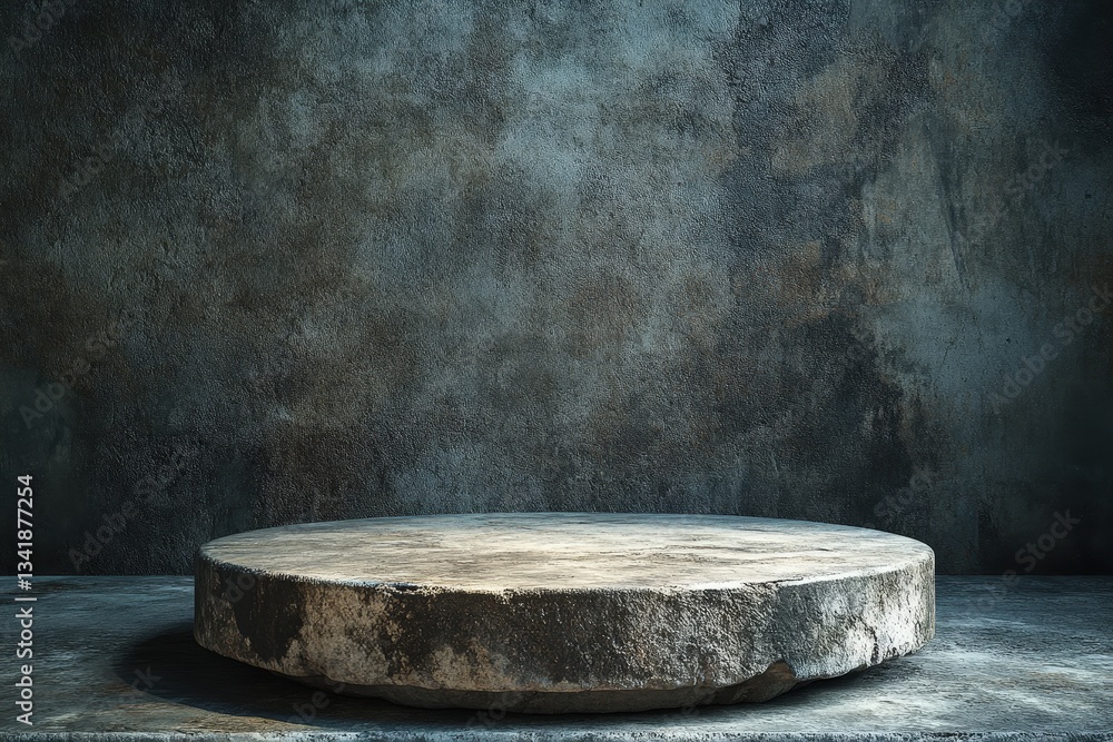 Poster a round stone platform is centered in front of a textured wall