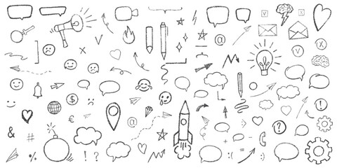 Hand drawn grunge texture doodle set with tick, mark, checkboxes, correct or wrong symbols. Chalk or crayon effect vector elements isolated on white background for underline in business presentation