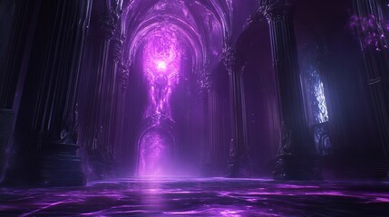 Fototapeta premium A mystical purple portal beckons within an ancient, gothic cathedral, its radiant energy illuminating the shadowed stone architecture with ethereal light.