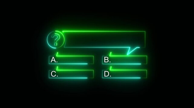 Quiz Neon Line Animation with option selection on black background ,Quiz template challenge with option selection, quiz game animation, Animated quiz question on black background.