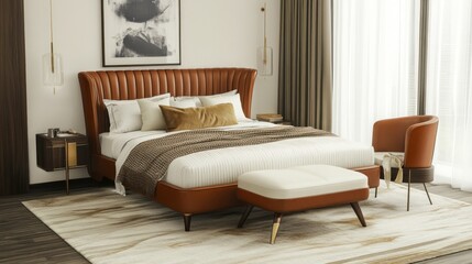 Luxurious bedroom suite with leather headboard, accent chair, and ottoman.  Modern interior design with city view