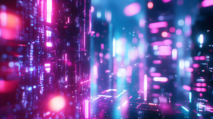 Abstract digital city with neon lights illuminating a futuristic virtual landscape view