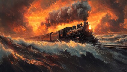 locomotive traversing turbulent sea beneath fiery skies a surreal journey of transportation marvel