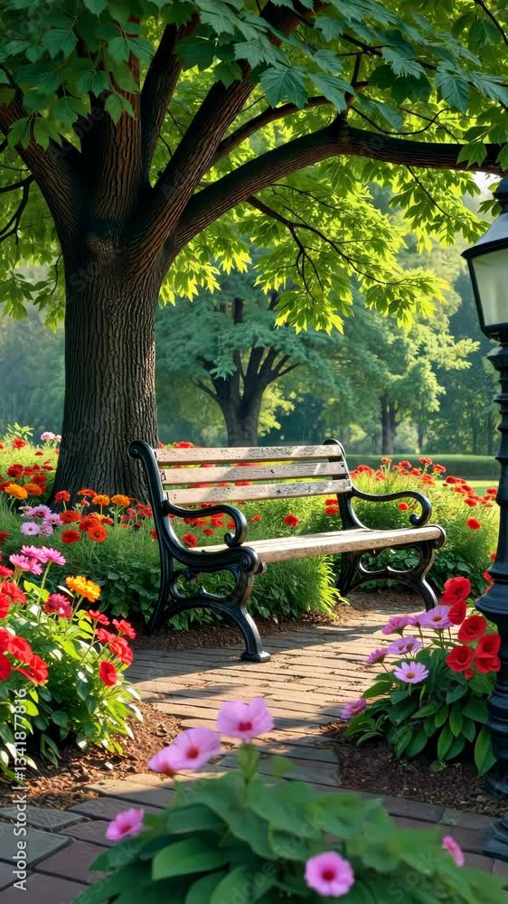 Poster A bench is in a park with a tree behind it. The bench is wooden and has a black back. There are many flowers in the park, including red and pink flowers