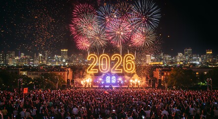 Celebrating 2026 with Fireworks Over Skyline and Crowd at Event