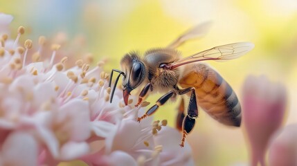 close up of bee on the flower, bee on flower in the nature