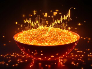 A Bowl of AI-Powered Noodles That Rearrange Themselves Into Stock Market Predictions, Representing China’s Business Dominance