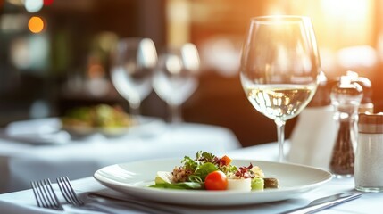 Elegant table setting featuring a gourmet salad and wine glass in a cozy restaurant ambiance with blurred background