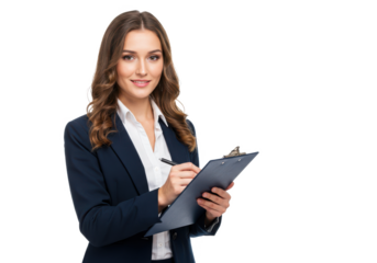 Business woman with clipboard isolated on White background