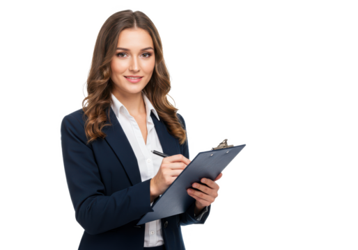 Business woman with clipboard isolated on White background