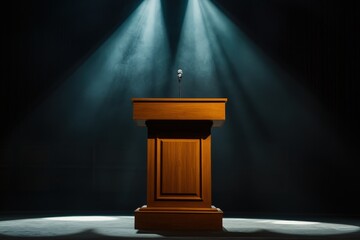A wooden podium with a microphone under bright spotlights
