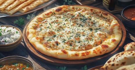 Delicious Creamy Chicken Tikka Pizza with Indian Sides