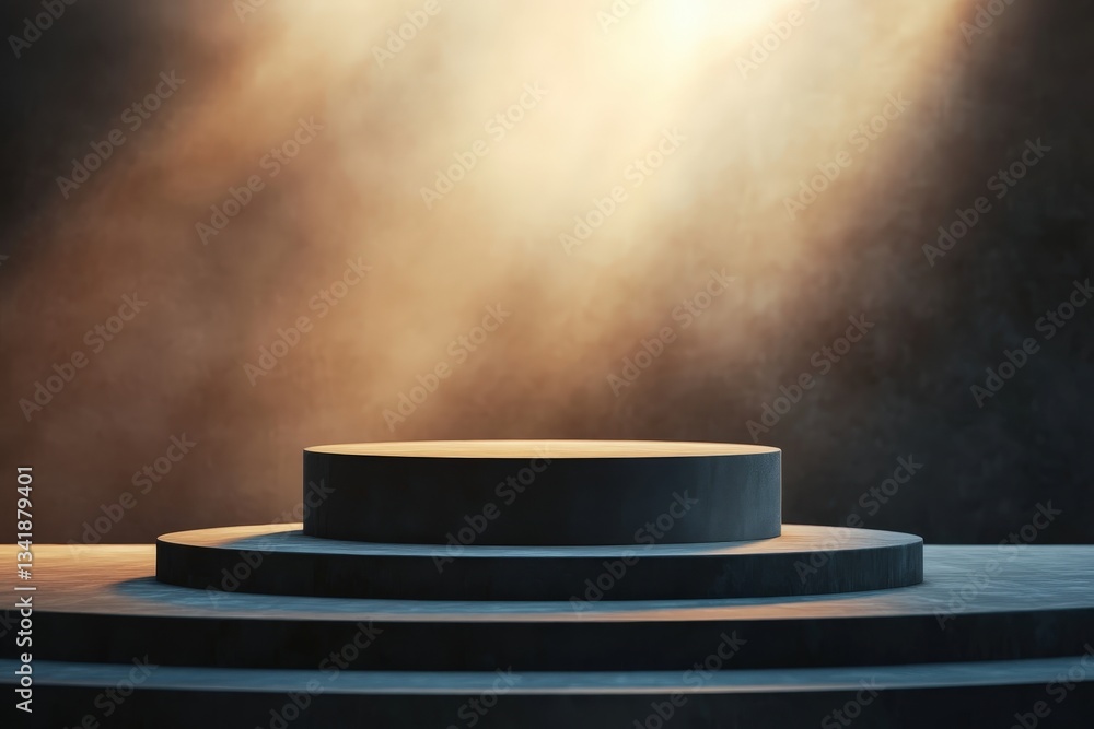 Aufkleber an illuminated circular platform stage with a hazy background setting