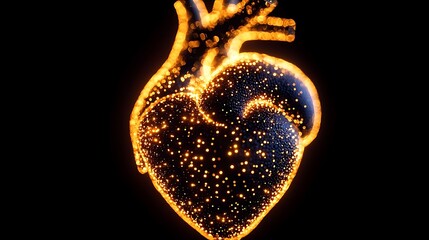 Glowing anatomical heart, particles.