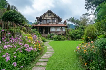 A delightful wooden house nestled amid a colorful array of blooming flowers and rich greenery, all set within a peaceful garden atmosphere on a beautifully cloudy day