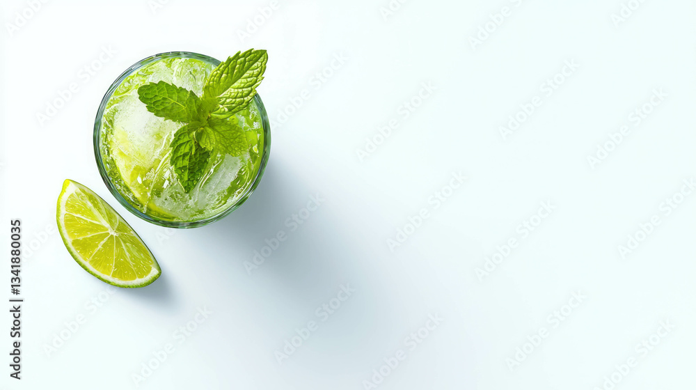 Poster refreshing mint mojito with lime and ice on transparent background